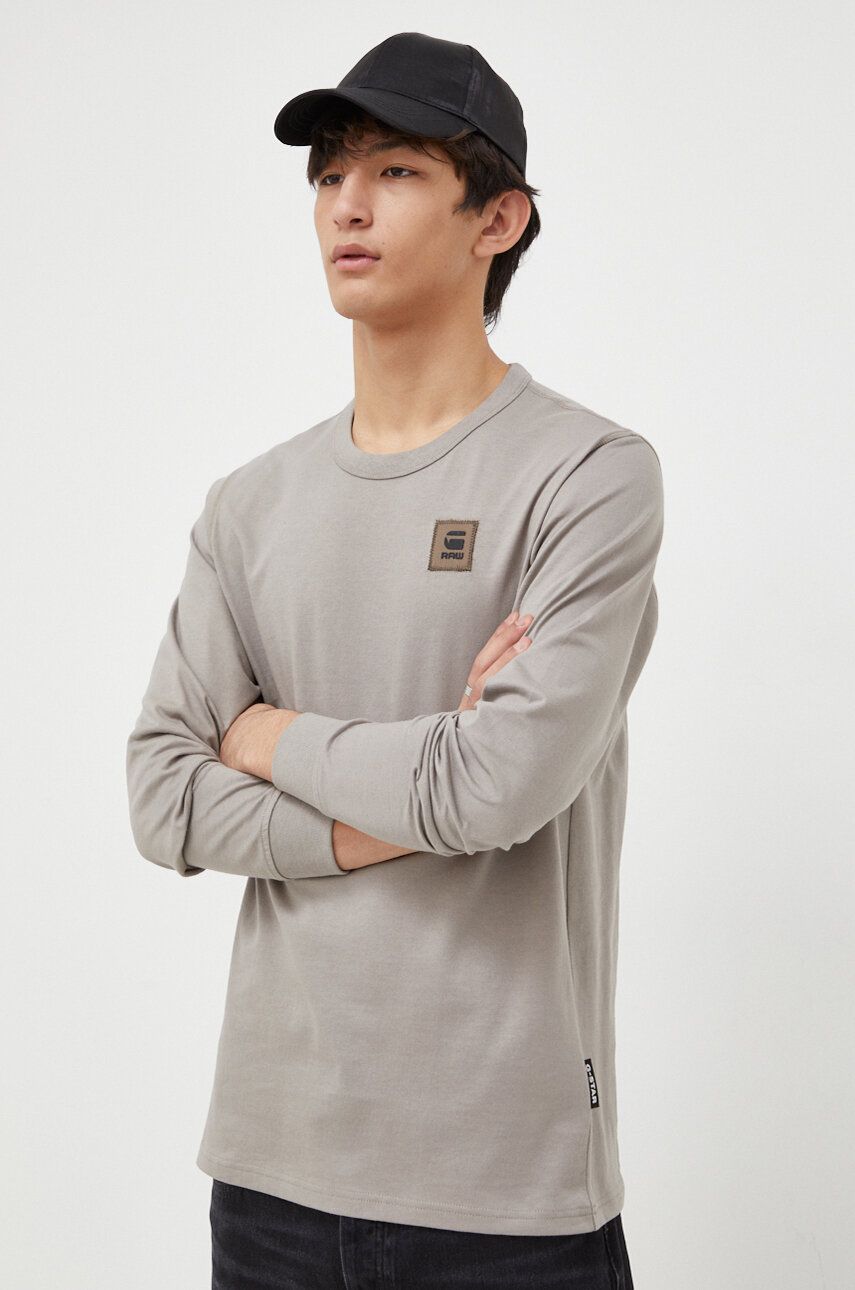 G-Star Raw longsleeve din bumbac culoarea gri, neted