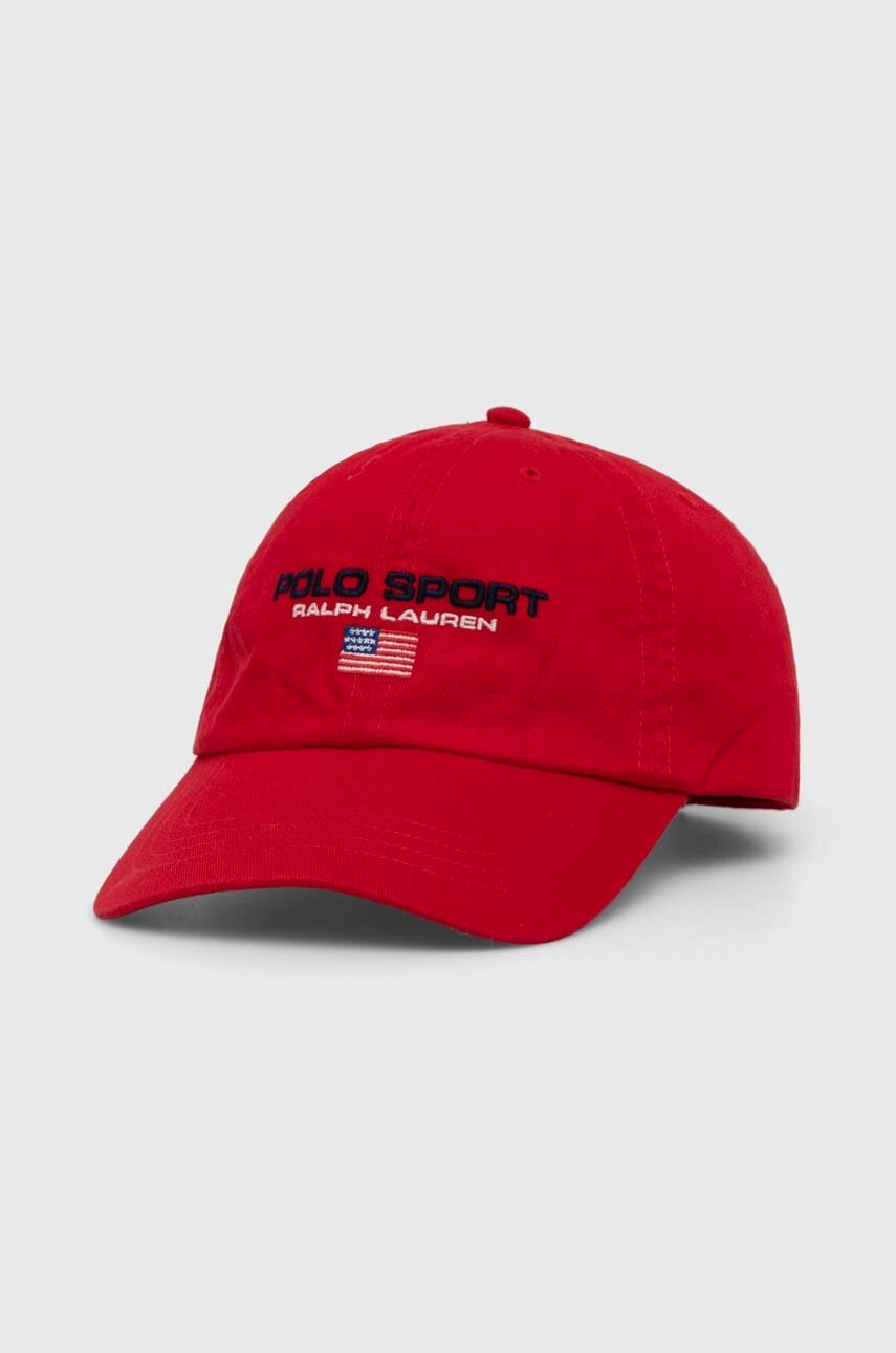 

Детска памучна шапка с козирка Polo Ralph Lauren в червено с апликация, Червен