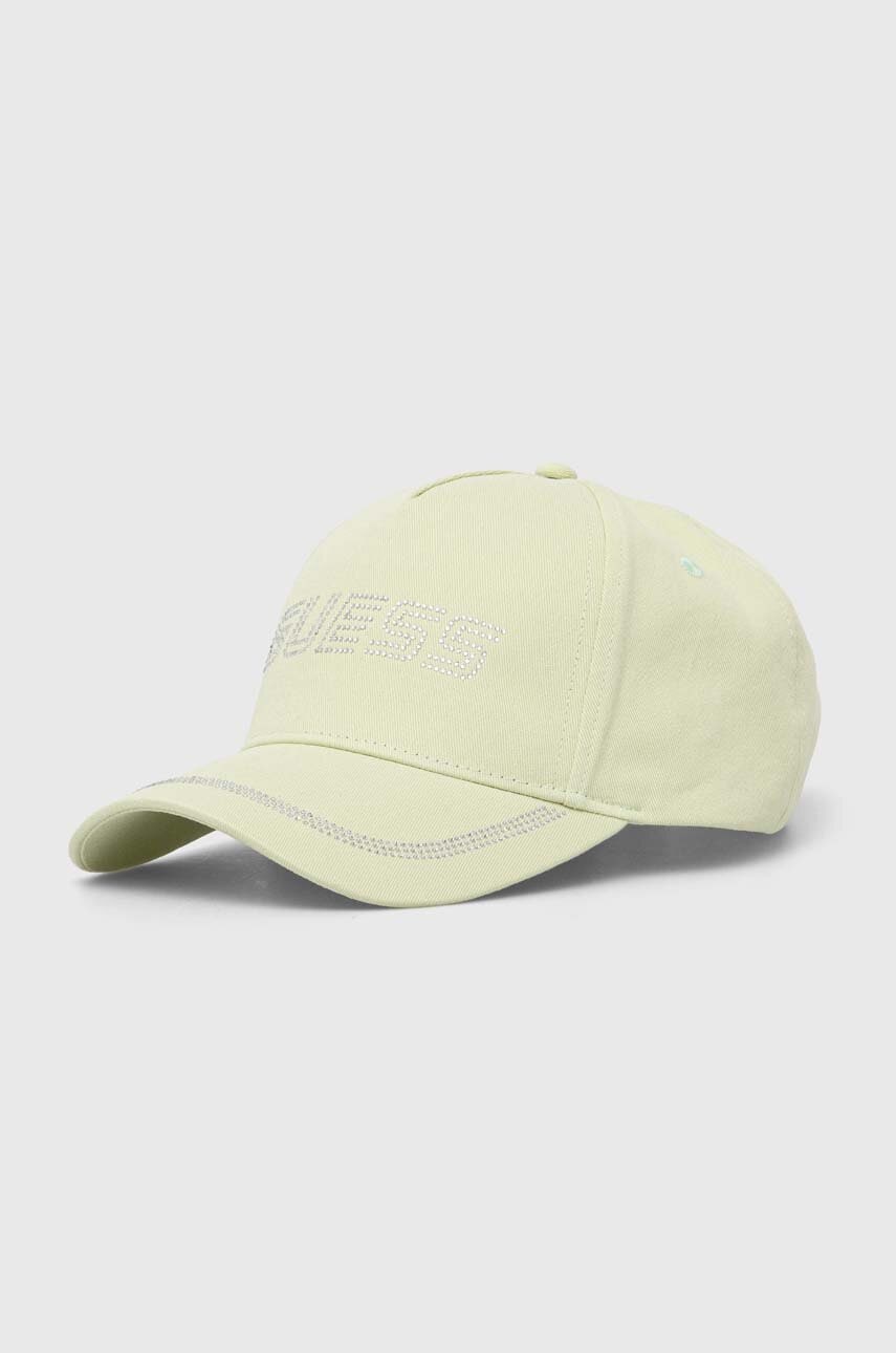 Levně Bavlněná baseballová čepice Guess RHINESTONES zelená barva, s aplikací, V4GZ00 WFKN0