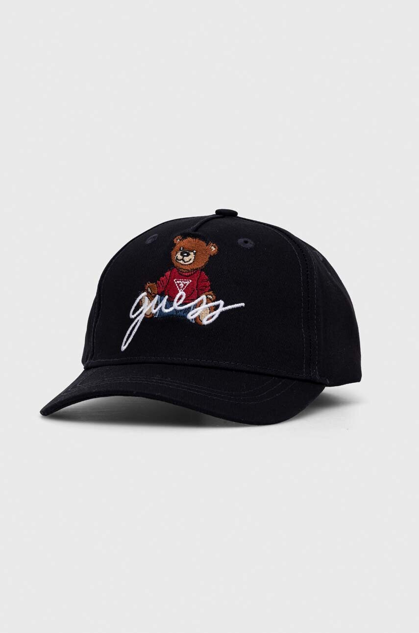 

Детская хлопковая кепка Guess цвет синий с аппликацией