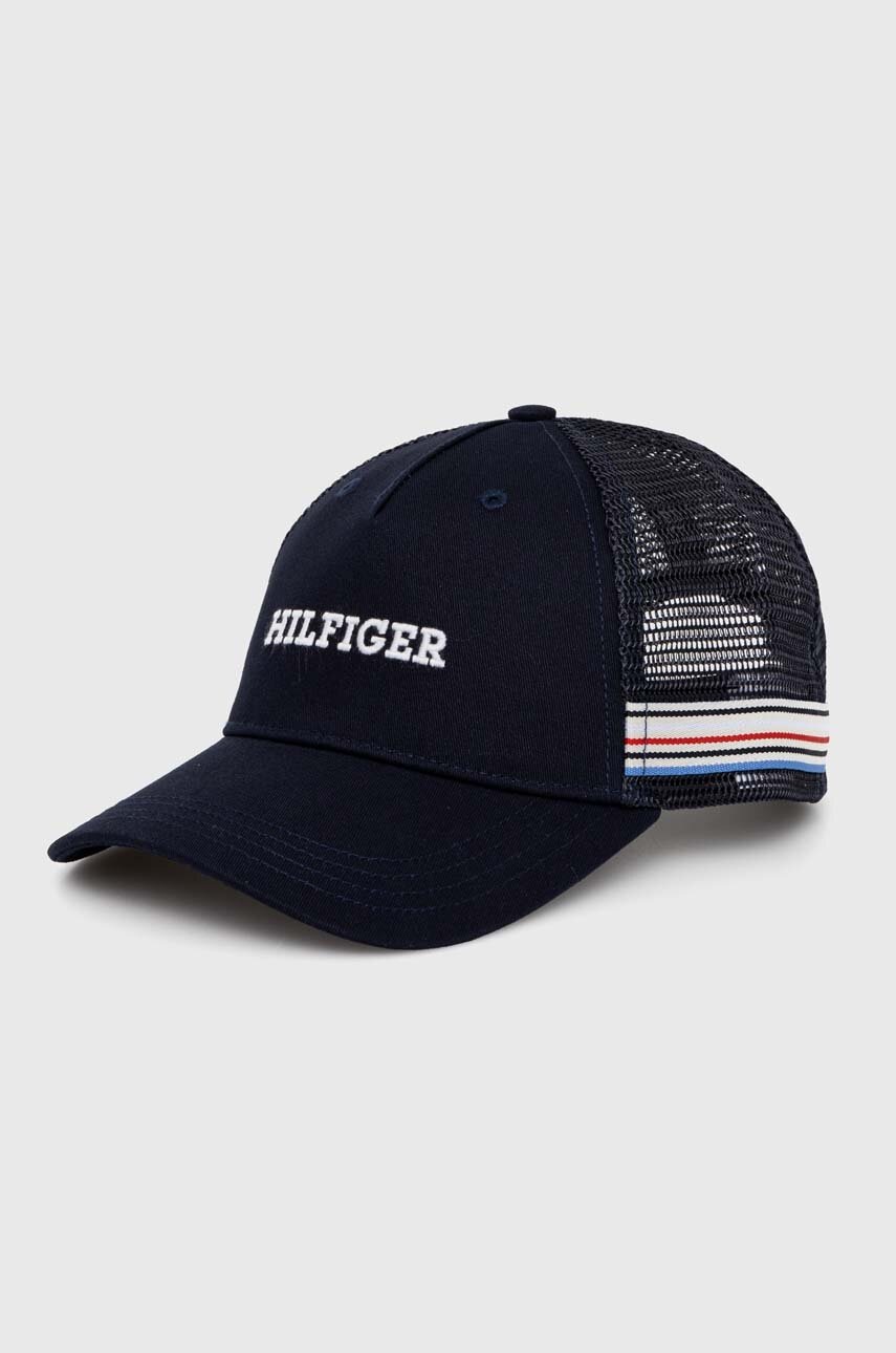 

Детска памучна шапка с козирка Tommy Hilfiger в тъмносиньо с принт, Тъмносин