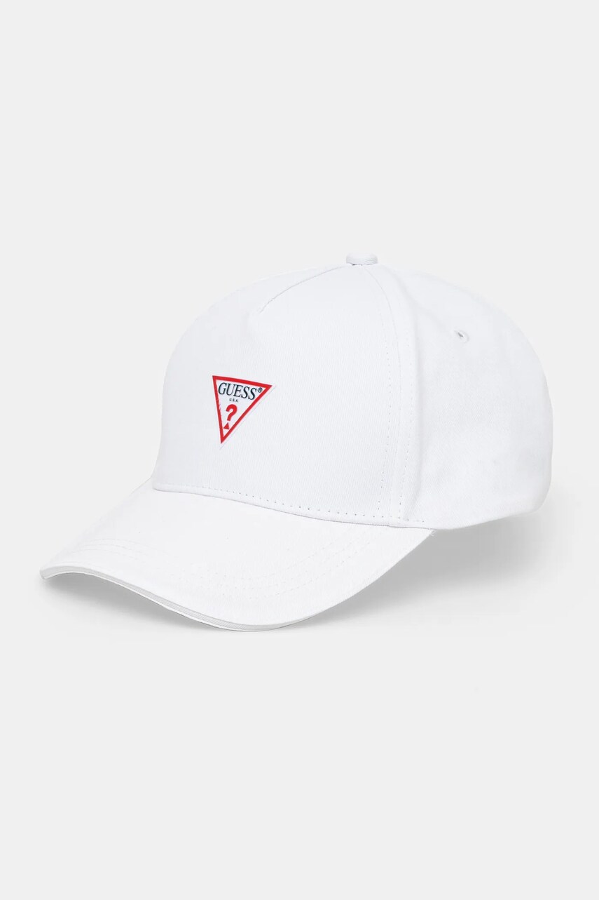 Levně Bavlněná baseballová čepice Guess bílá barva, s aplikací