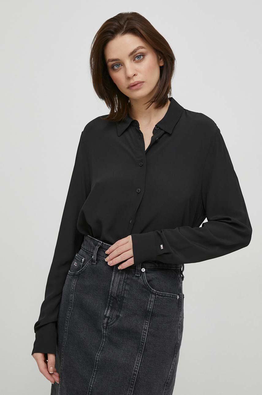 Levně Košile Tommy Hilfiger dámská, černá barva, relaxed, s klasickým límcem, WW0WW40535