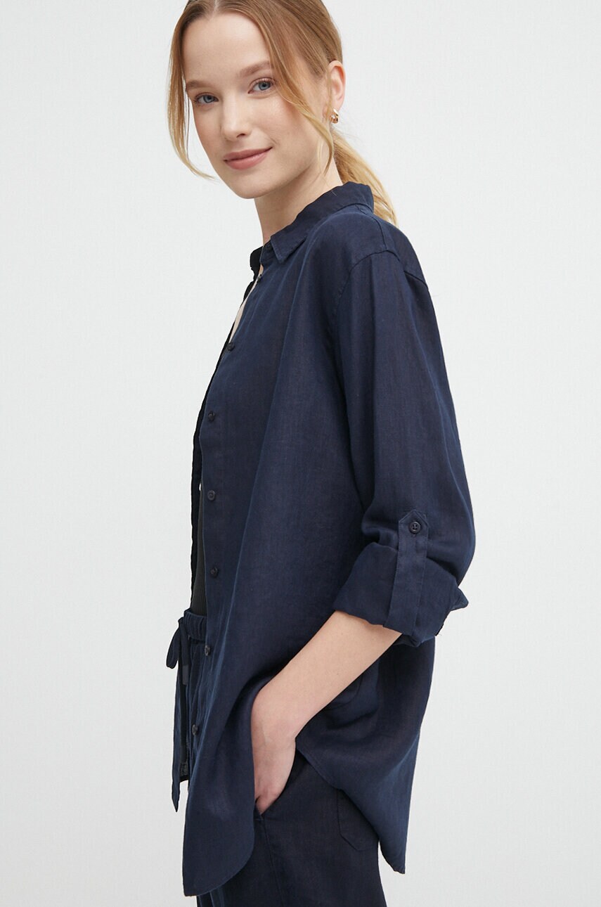 Levně Lněná košile Lauren Ralph Lauren tmavomodrá barva, regular, s klasickým límcem, 200782777