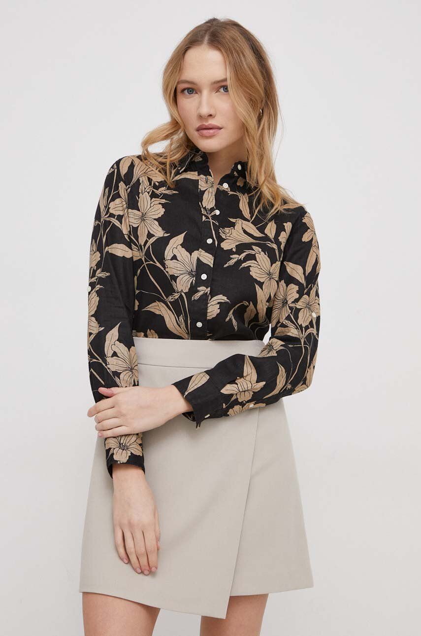Levně Lněná košile Lauren Ralph Lauren černá barva, regular, s klasickým límcem