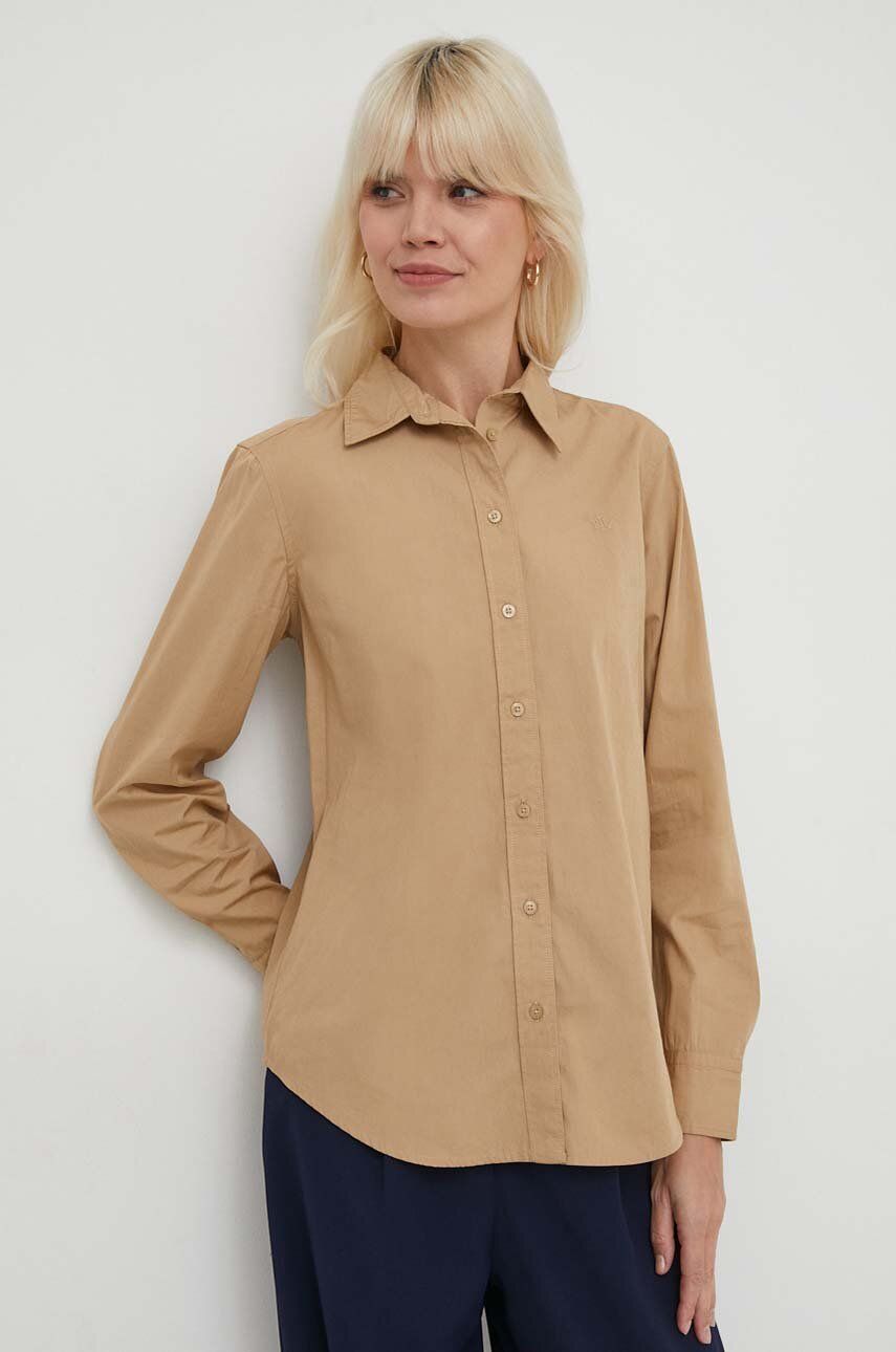 Levně Bavlněná košile Lauren Ralph Lauren béžová barva, regular, s klasickým límcem, 200925378
