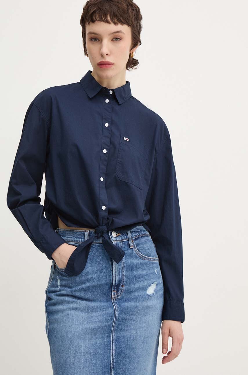Tommy Jeans camasa femei, culoarea albastru marin, cu guler clasic, regular, DW0DW17520