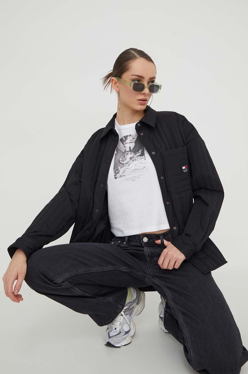 E-shop Košilová bunda Tommy Jeans černá barva, oversize