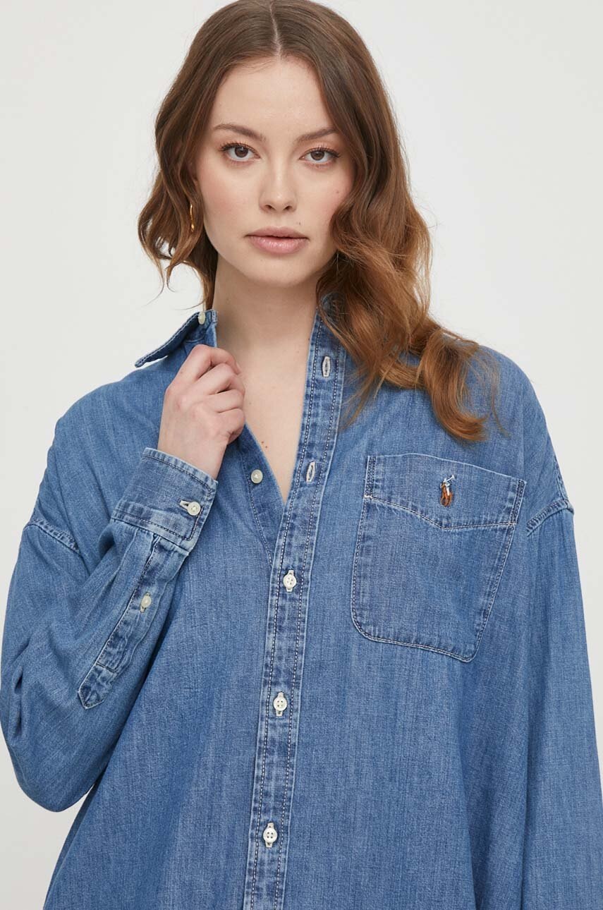 

Дънкова риза Polo Ralph Lauren дамска в синьо със свободна кройка с класическа яка 211909442, Син