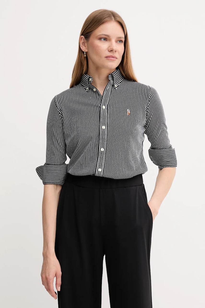 Levně Bavlněná košile Polo Ralph Lauren dámská, modrá barva, slim, s klasickým límcem, 211910131