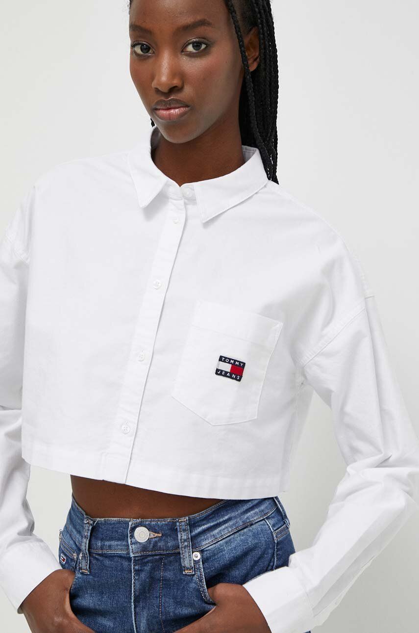 Tommy Jeans cămașă din bumbac femei, culoarea alb, cu guler clasic, relaxed DW0DW17345