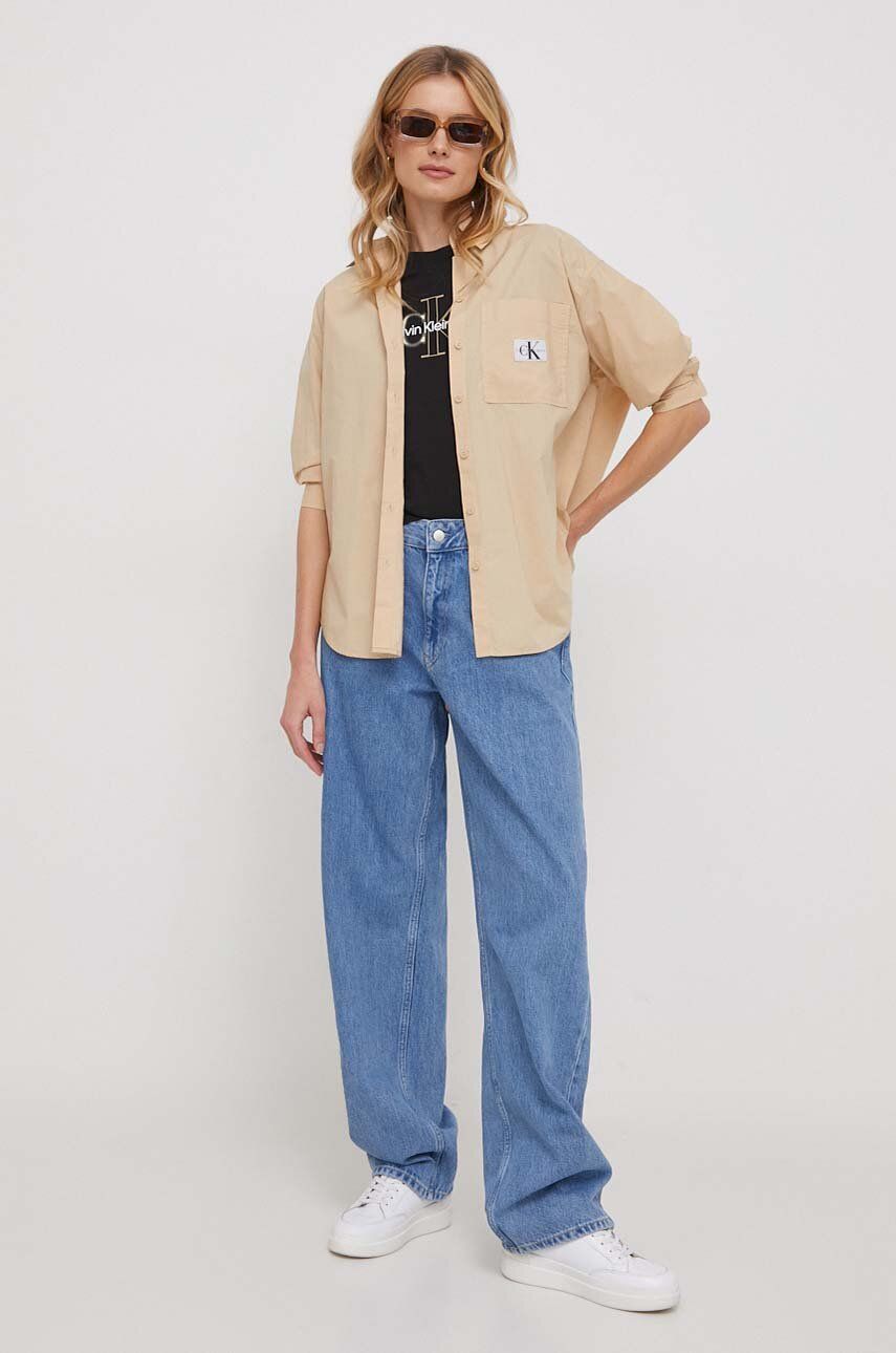 Levně Košile Calvin Klein Jeans béžová barva, relaxed, s klasickým límcem, J20J222610