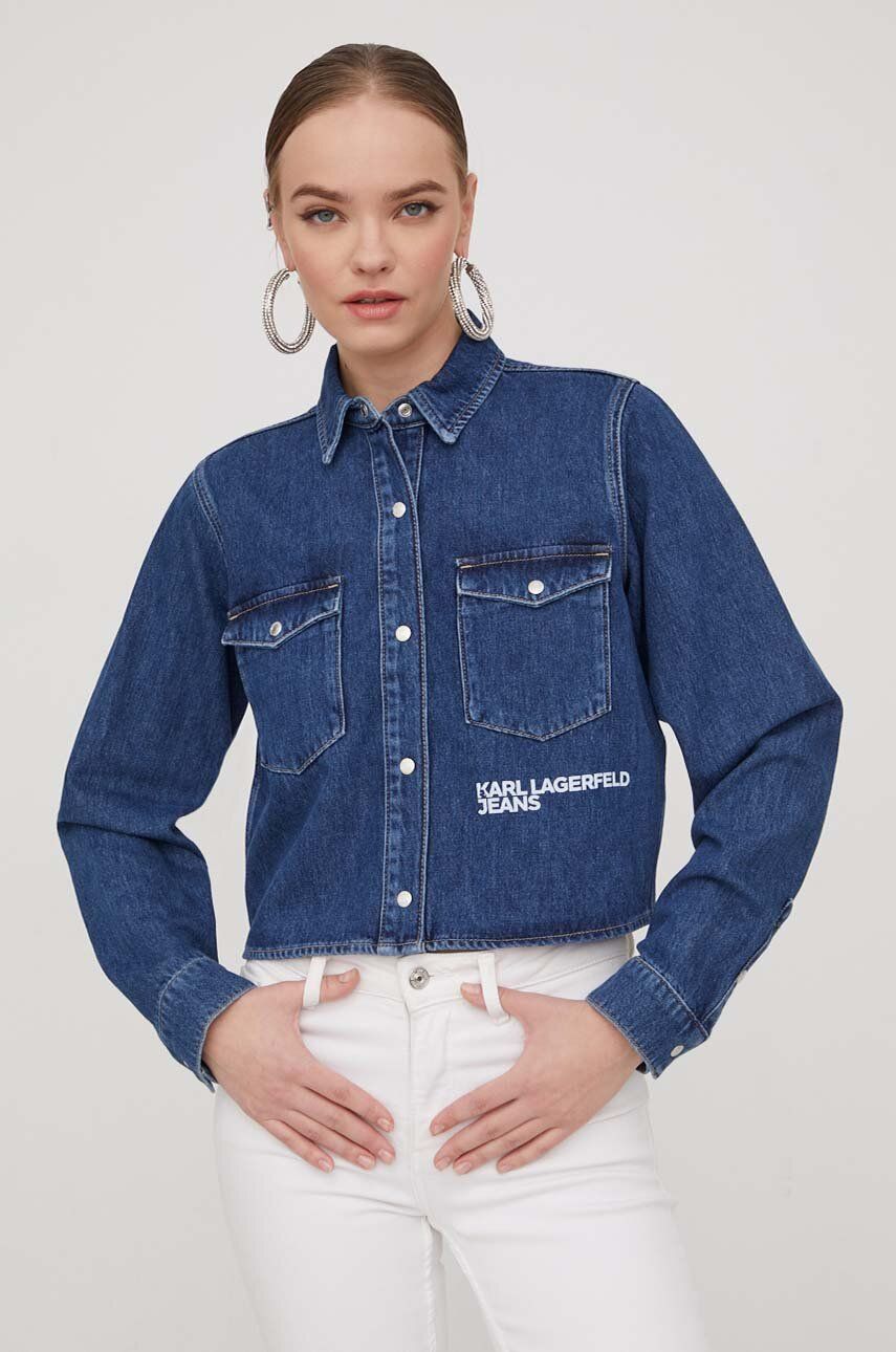 Levně Džínová košile Karl Lagerfeld Jeans dámská, tmavomodrá barva, regular, s klasickým límcem