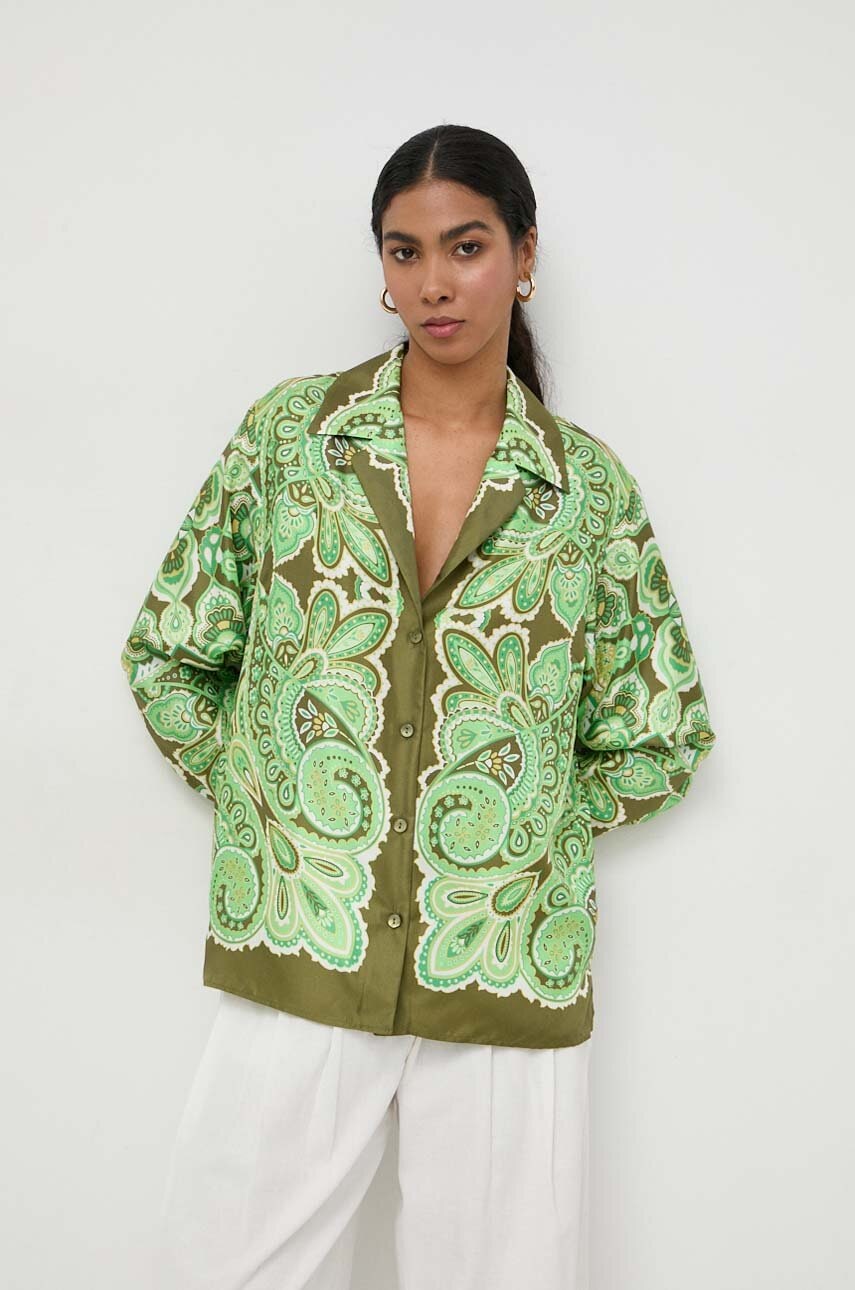 Luisa Spagnoli camasa de matase culoarea verde, cu guler clasic, regular