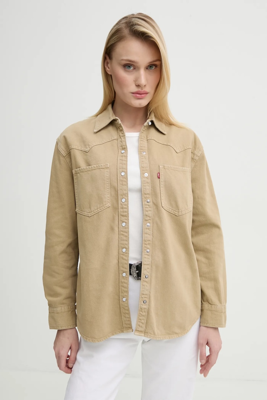 Levi's camasa jeans femei, culoarea bej, cu guler clasic, regular Levi's camasa jeans femei, culoarea bej, cu guler clasic, regular