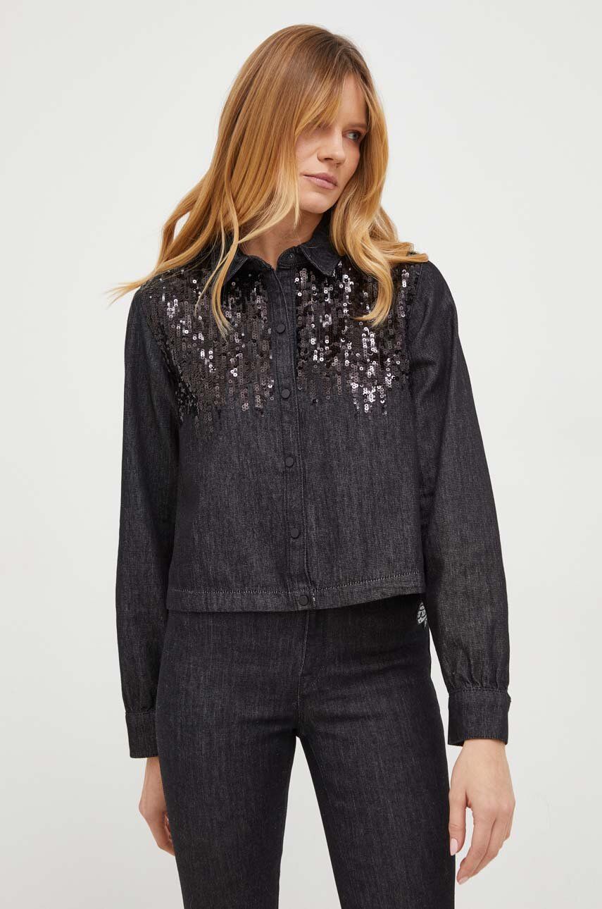 Levně Džínová košile Karl Lagerfeld dámská, černá barva, regular, s klasickým límcem