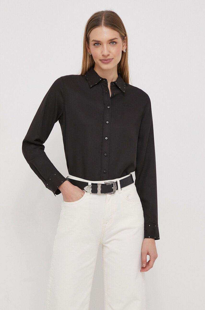 Košile Pepe Jeans ANETTE dámská, černá barva, regular, s klasickým límcem - černá - 100 % Lyocell
