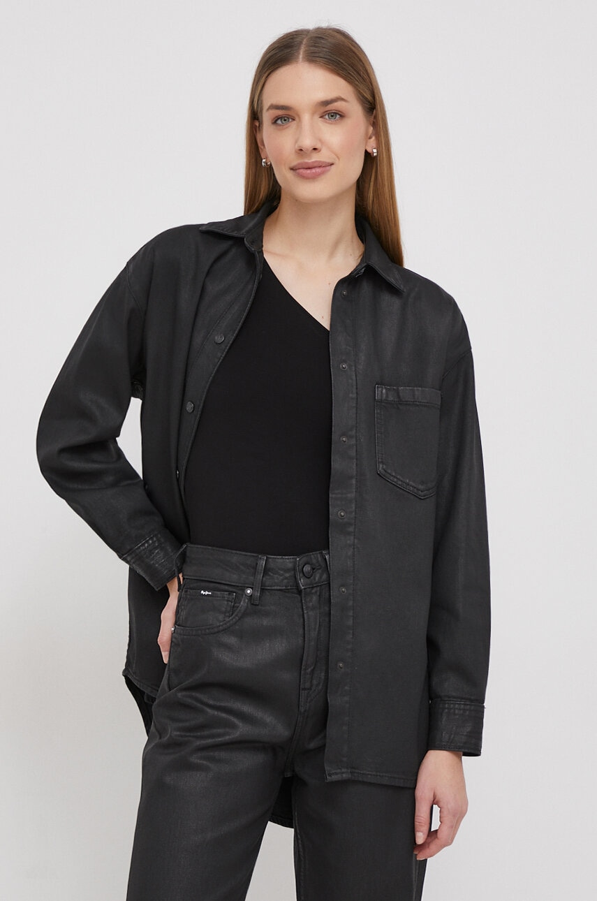 Pepe Jeans camasa din bumbac ALIX COATED femei, culoarea negru, cu guler clasic, relaxed