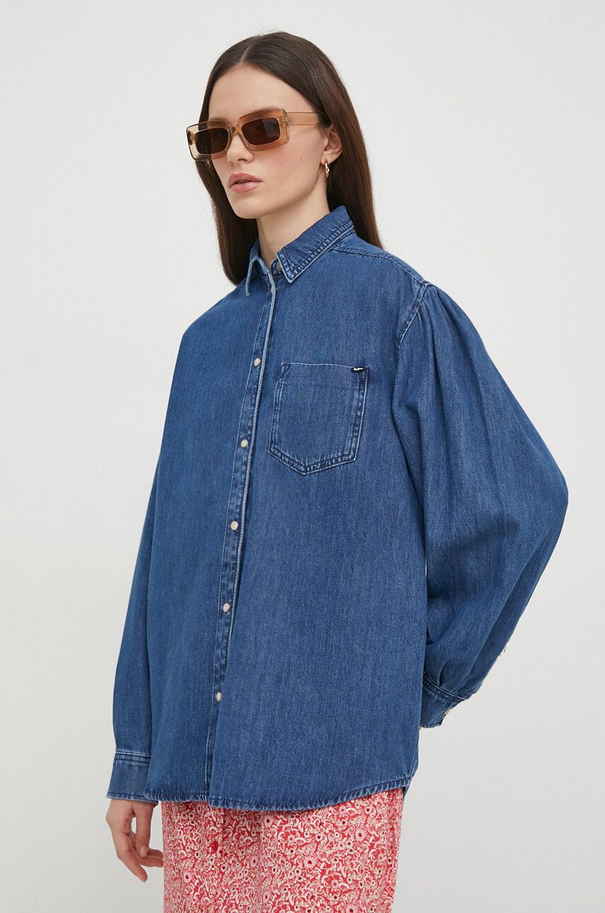 Džínová košile Pepe Jeans dámská, regular, s klasickým límcem - modrá - 100 % Bavlna