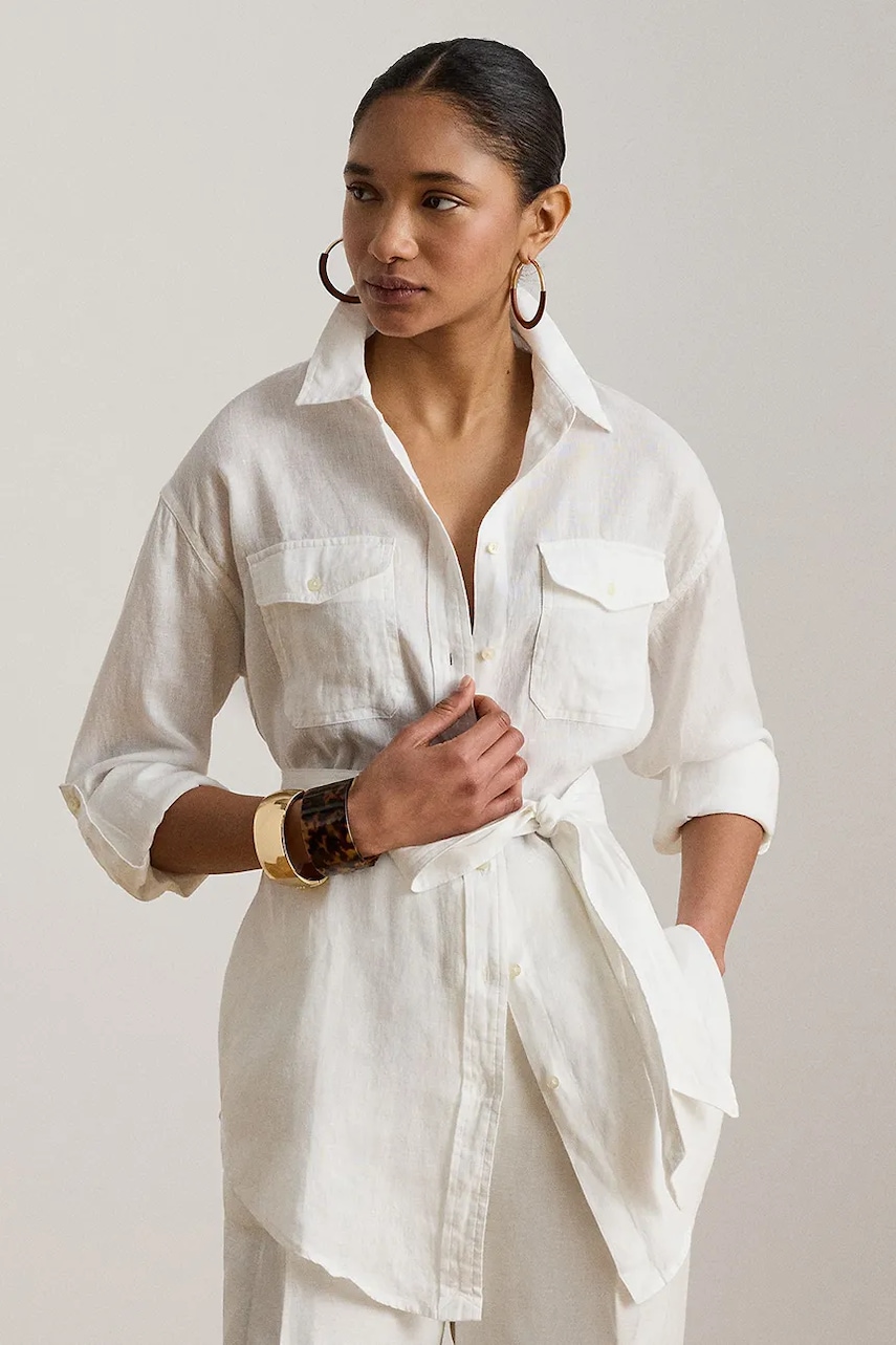 Lauren Ralph Lauren koszula lniana kolor biały regular z kołnierzykiem klasycznym 200786629