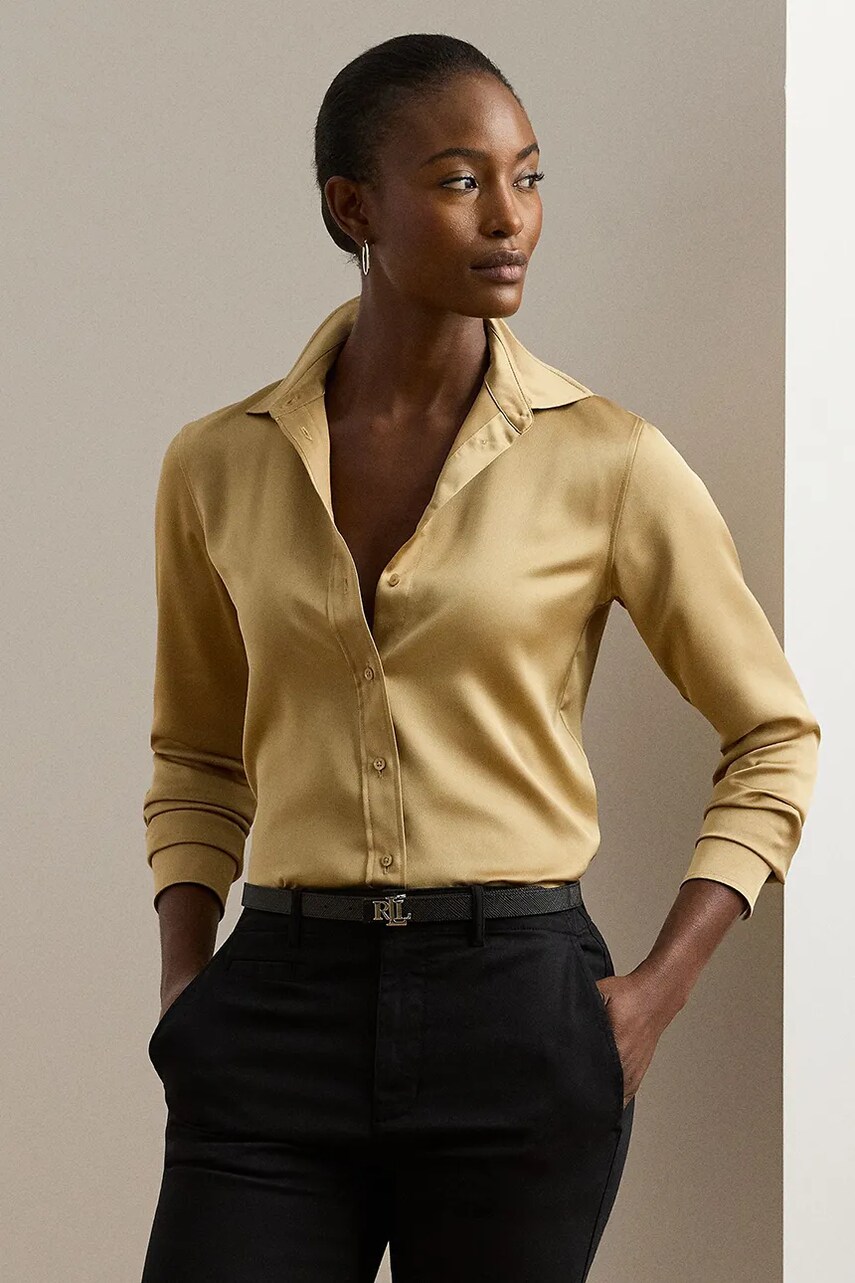 Levně Košile Lauren Ralph Lauren dámská, béžová barva, regular, s klasickým límcem, 200918715