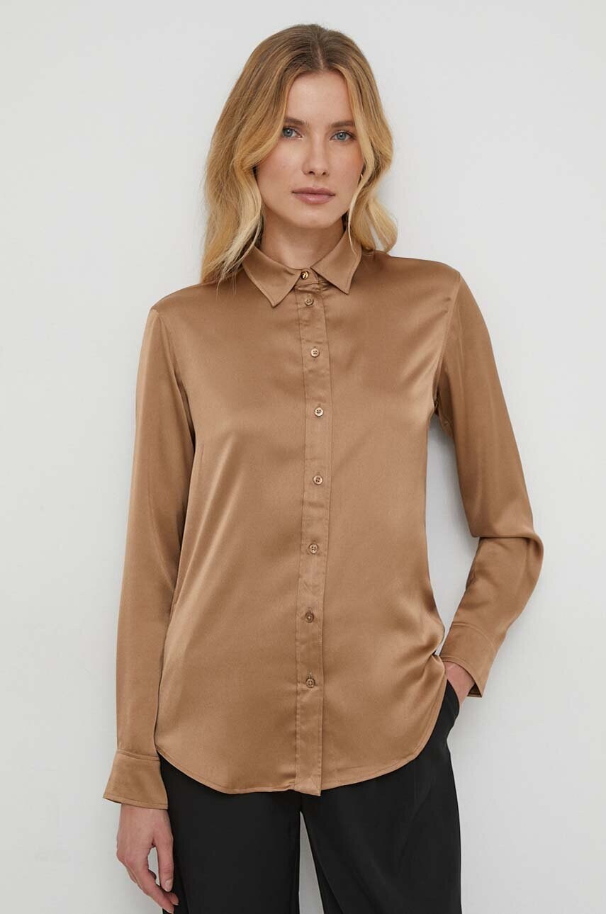 Levně Košile Lauren Ralph Lauren dámská, hnědá barva, regular, s klasickým límcem, 200918715