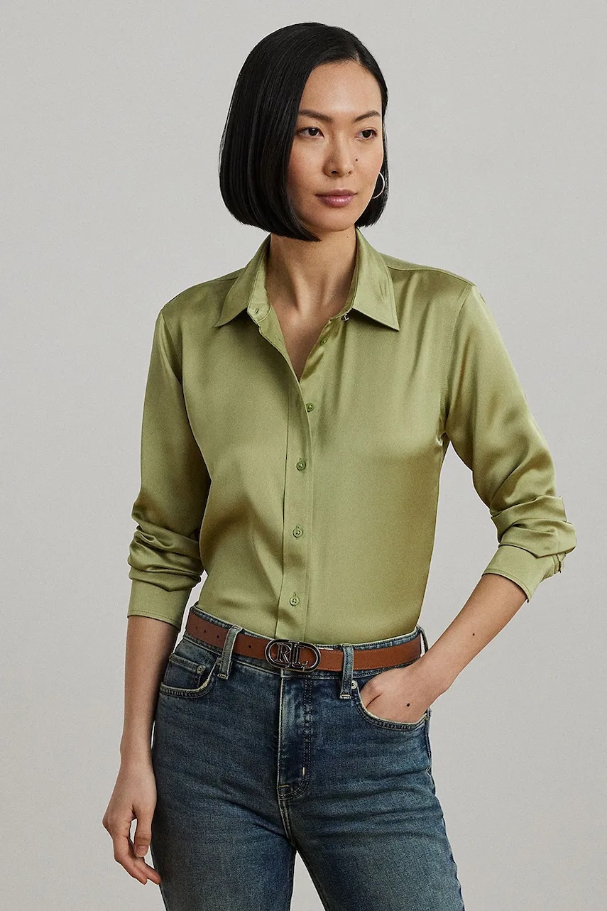 Levně Košile Lauren Ralph Lauren dámská, zelená barva, regular, s klasickým límcem, 200918715