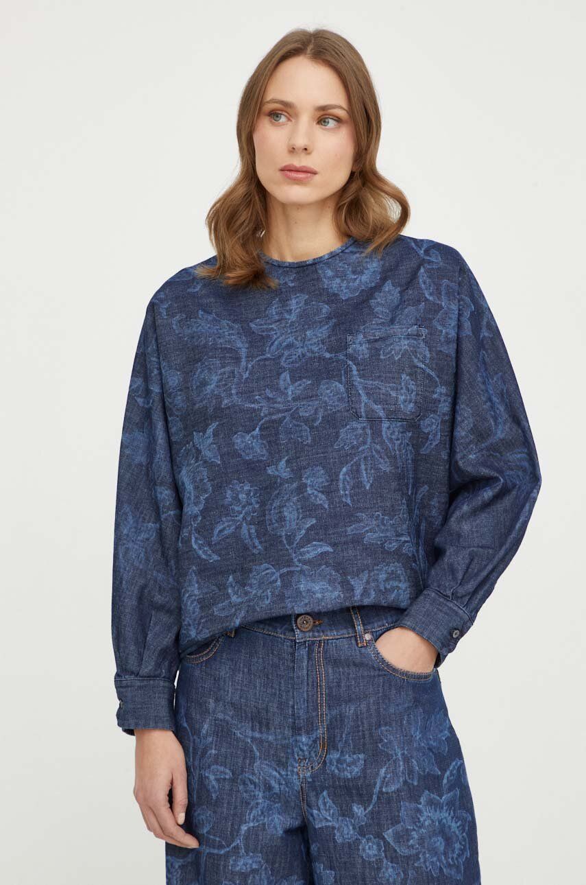 Weekend Max Mara bluză subtire de blugi femei, culoarea bleumarin, cu model 2415110000000