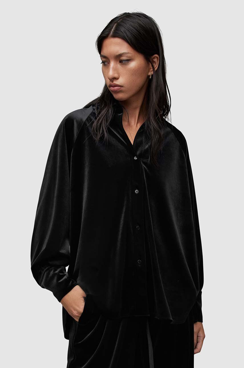 Levně Velurová košile AllSaints Oana černá barva, relaxed, s klasickým límcem