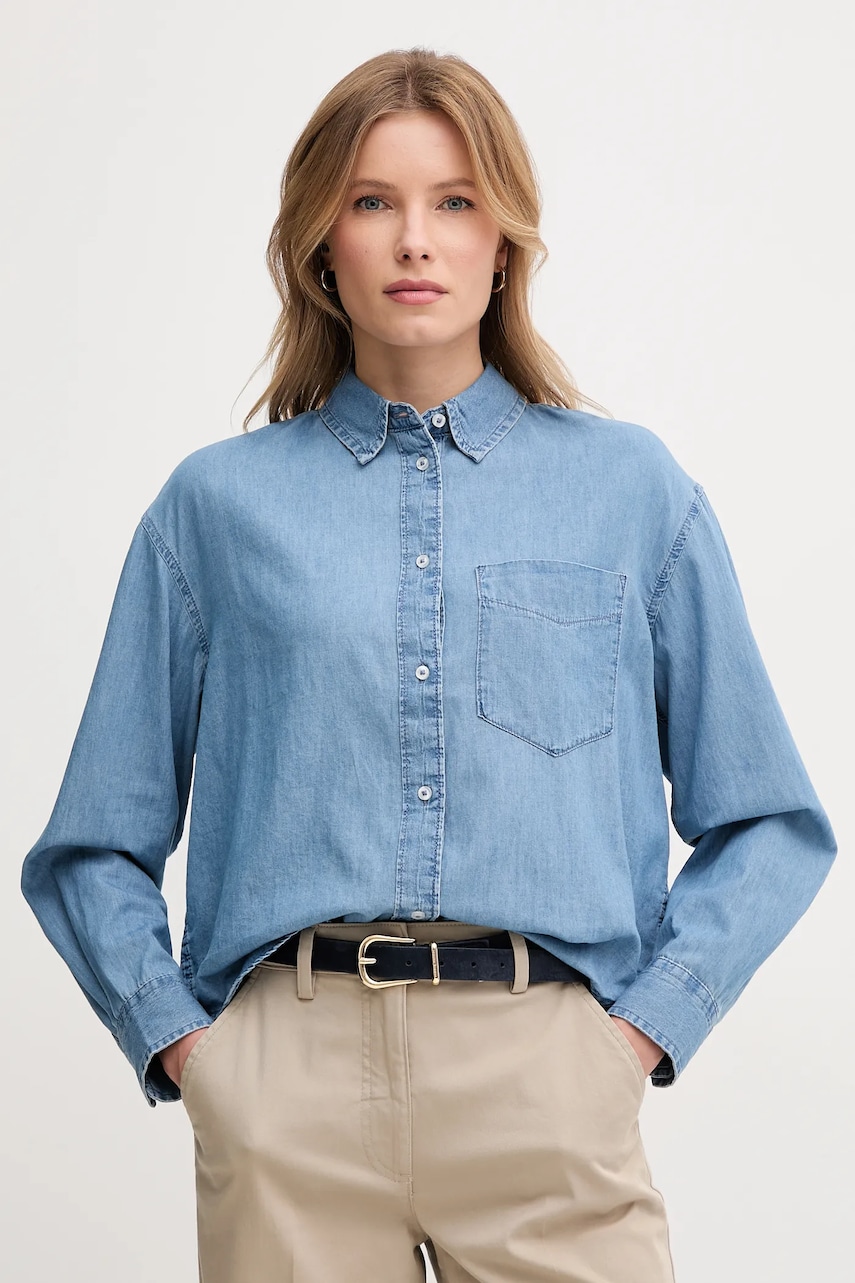 United Colors of Benetton camasa jeans femei, culoarea albastru marin, cu guler clasic, relaxed United Colors of Benetton camasa jeans femei, culoarea albastru marin, cu guler clasic, relaxed