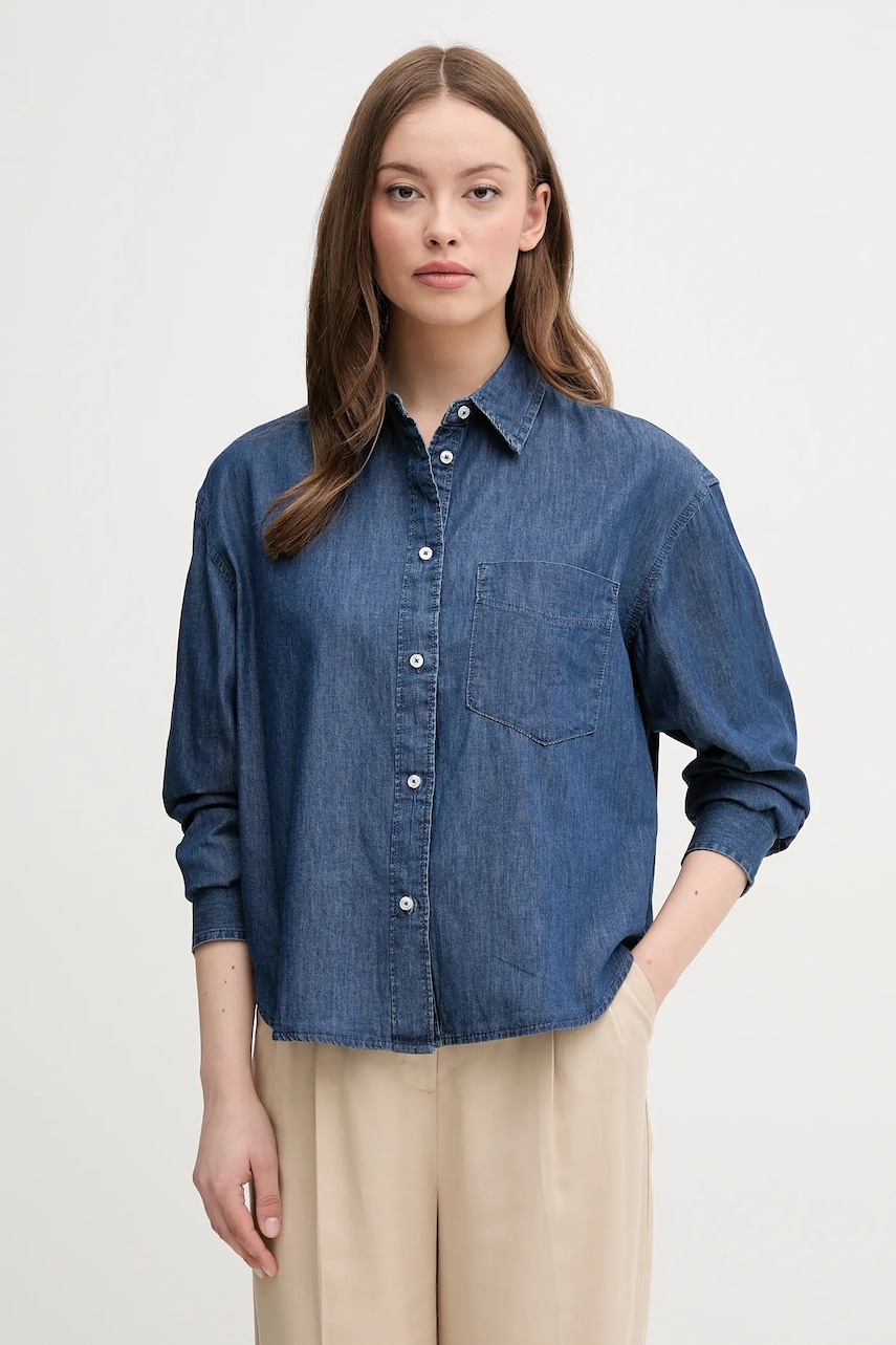 United Colors of Benetton camasa jeans femei, culoarea albastru marin, cu guler clasic, relaxed United Colors of Benetton camasa jeans femei, culoarea albastru marin, cu guler clasic, relaxed