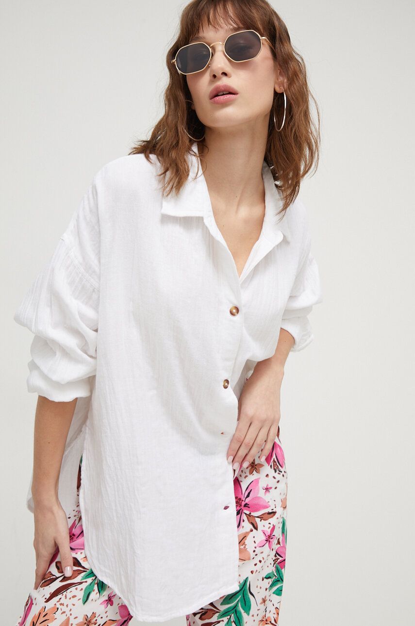Roxy cămașă din bumbac Morning Time femei, culoarea alb, cu guler clasic, relaxed ERJWO03000