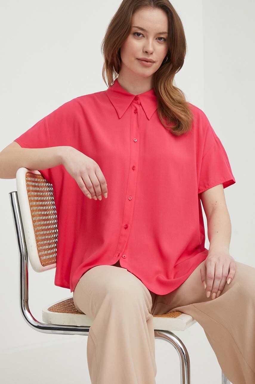United Colors of Benetton camasa femei, culoarea roz, cu guler clasic, relaxed