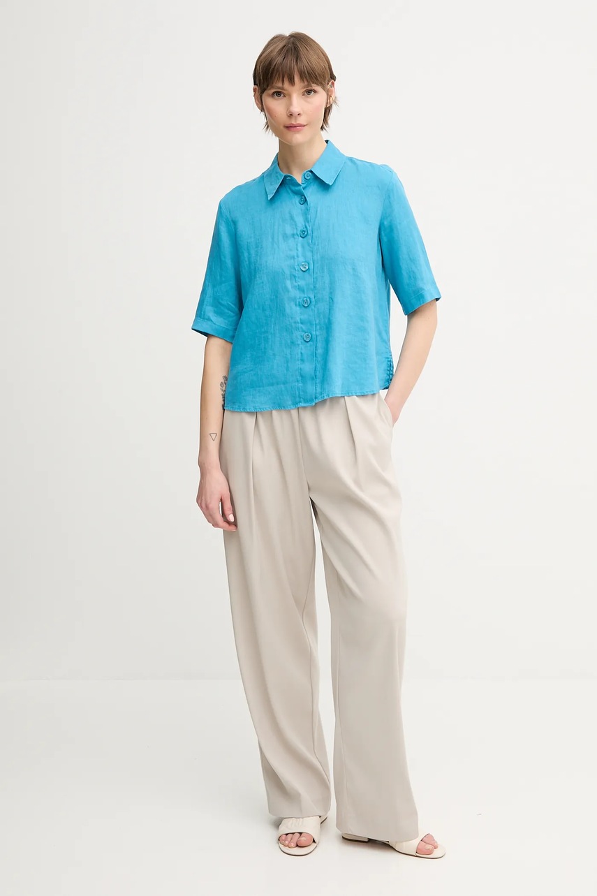 Льняная рубашка United Colors of Benetton цвет коричневый regular классический воротник