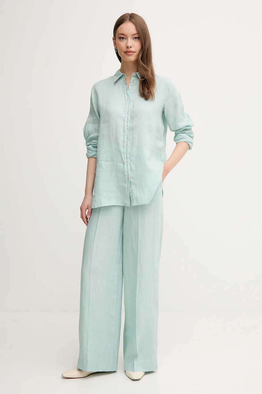 Льняная рубашка United Colors of Benetton цвет зелёный regular классический воротник Льняная рубашка United Colors of Benetton цвет зелёный regular классический воротник