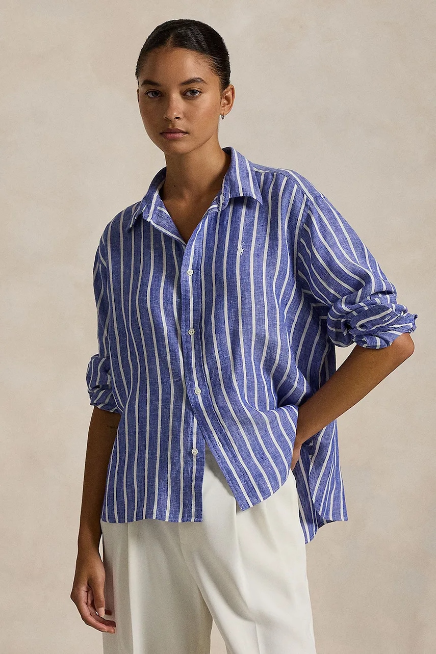 Levně Lněná košile Polo Ralph Lauren modrá barva, relaxed, s klasickým límcem, 211935130