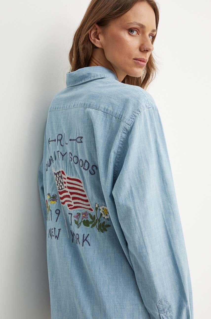 

Дънкова риза Polo Ralph Lauren дамска в синьо със свободна кройка с класическа яка 211935142, Син