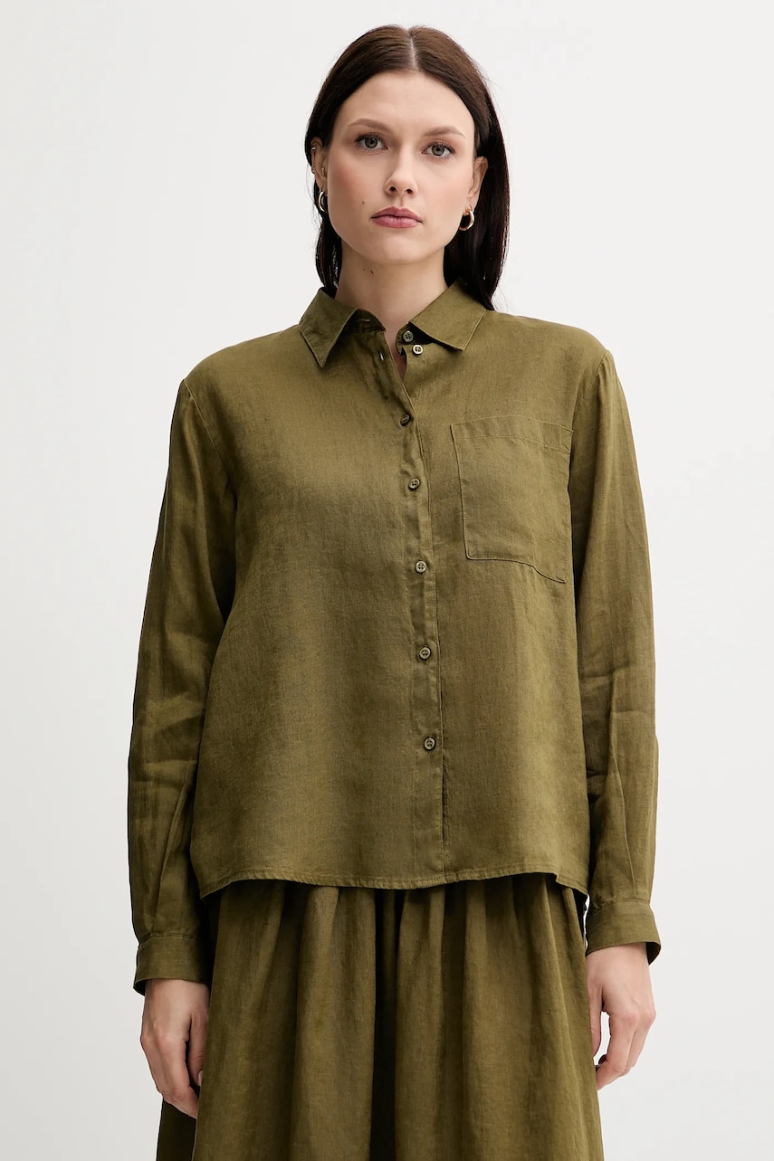 Sisley cămașă de in culoarea bej, cu guler clasic, relaxed, 5BMLLQ06S