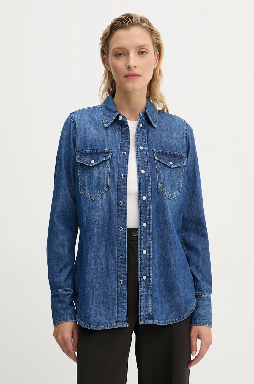 

Дънкова риза G-Star Raw дамска в синьо с кройка по тялото с класическа яка, Син