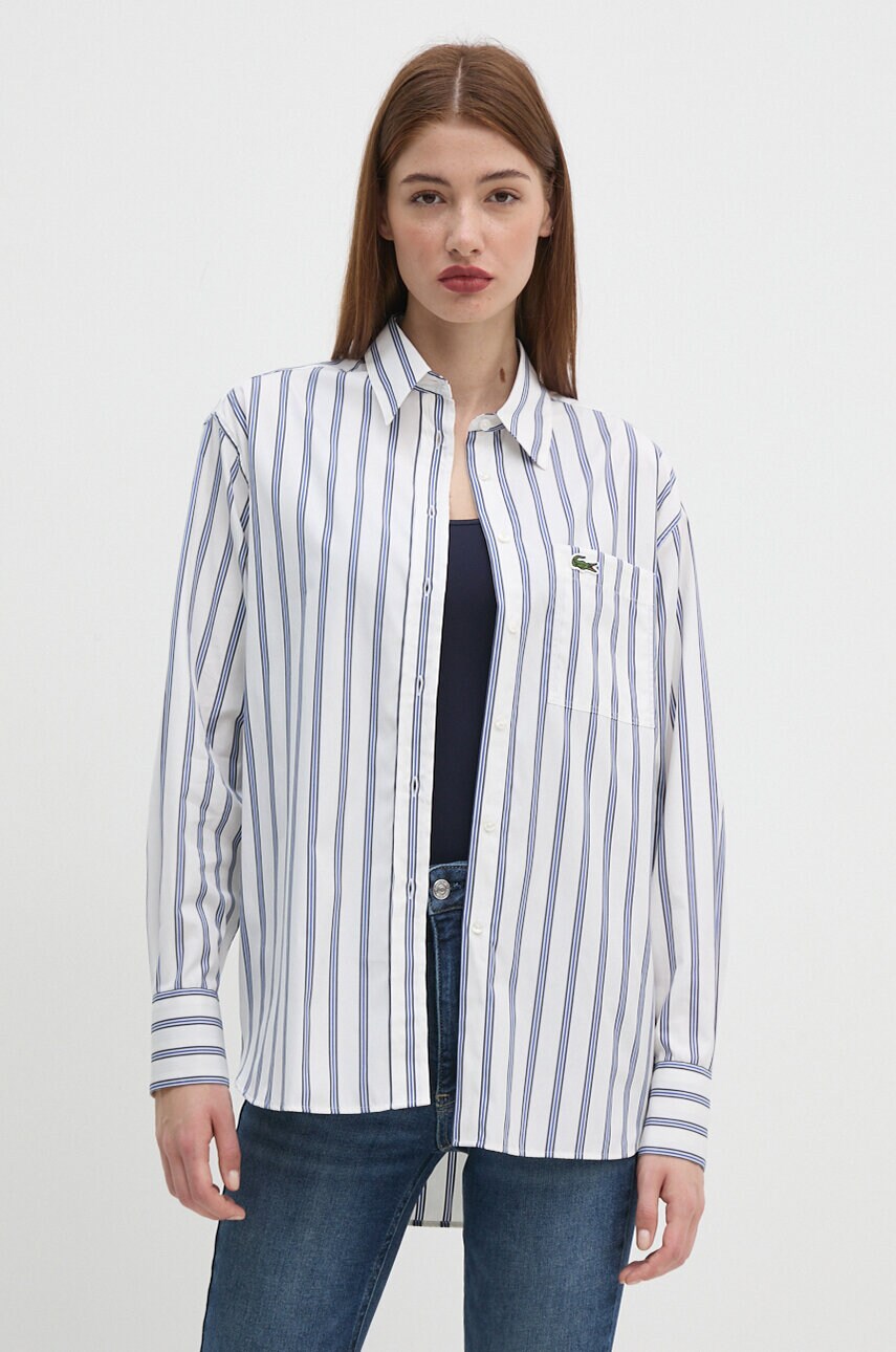 Lacoste camasa din bumbac femei, culoarea alb, cu guler clasic, relaxed