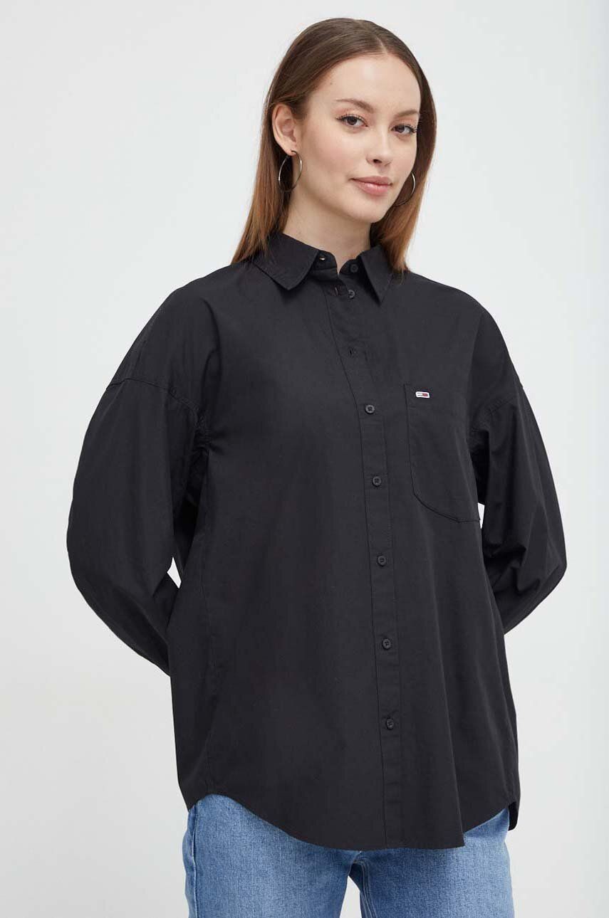 Bavlněná košile Tommy Jeans černá barva, relaxed, s klasickým límcem, DW0DW17803