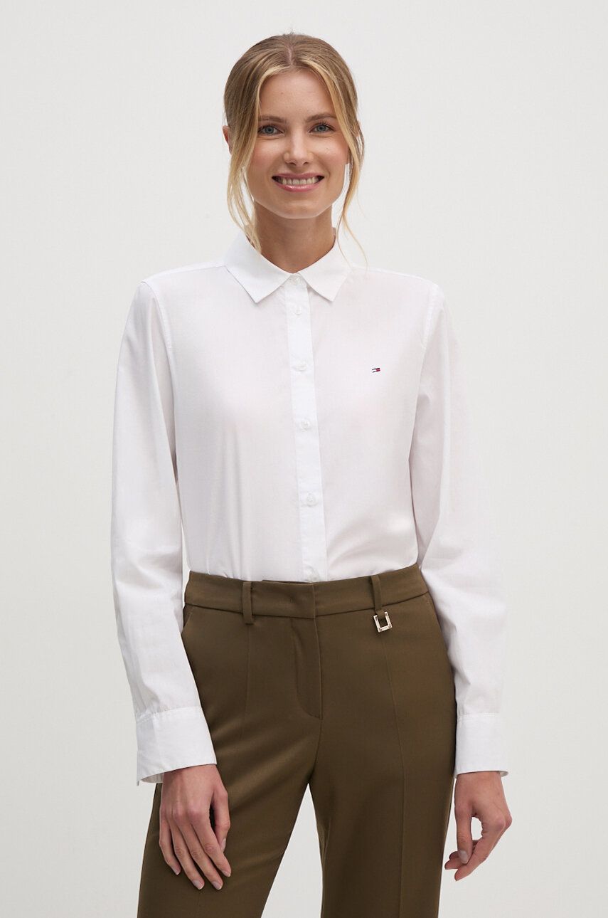 Bavlnená košeľa Tommy Hilfiger dámska, biela farba, regular, s klasickým golierom