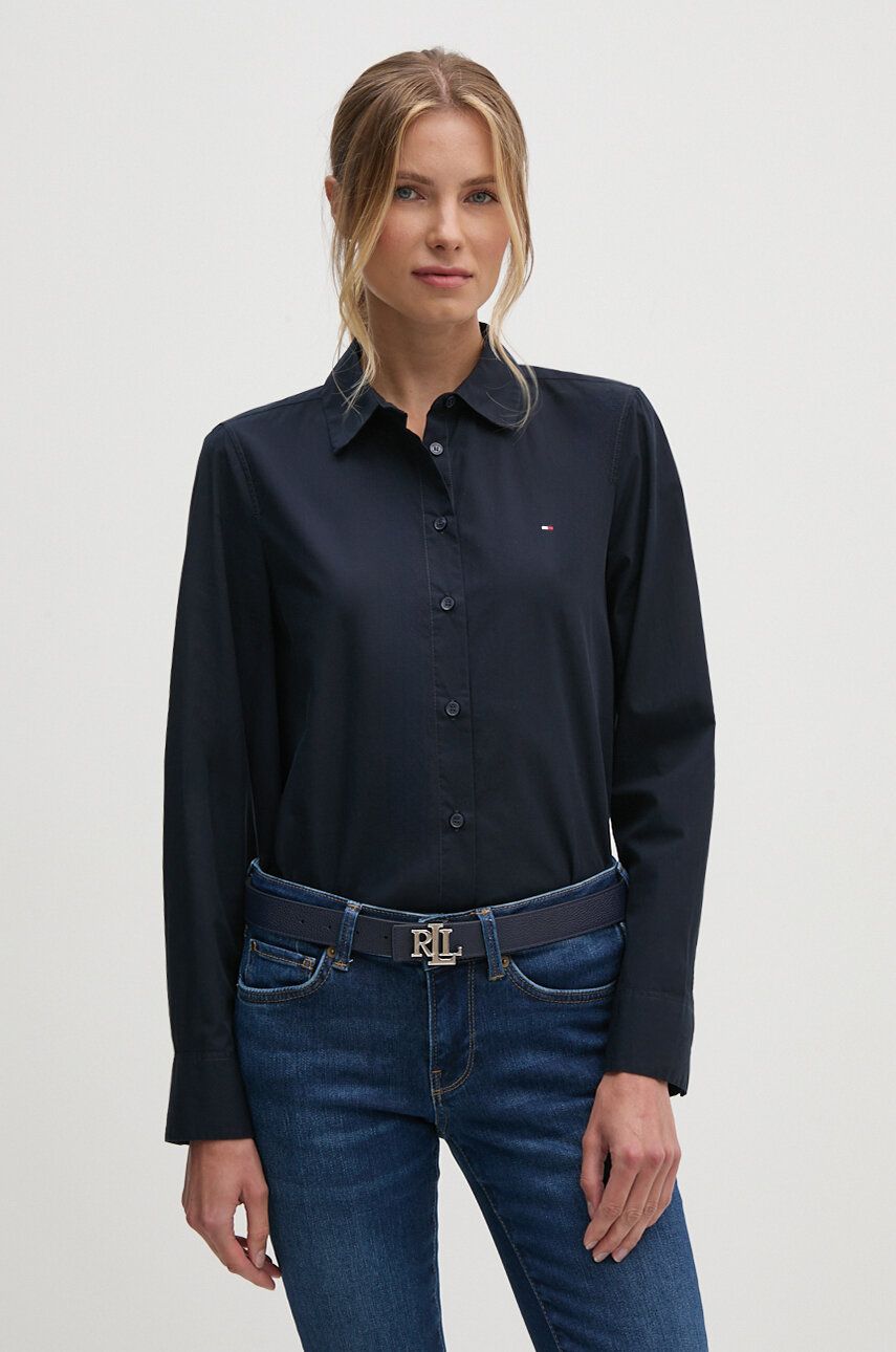 Bavlnená košeľa Tommy Hilfiger dámska, tmavomodrá farba, regular, s klasickým golierom