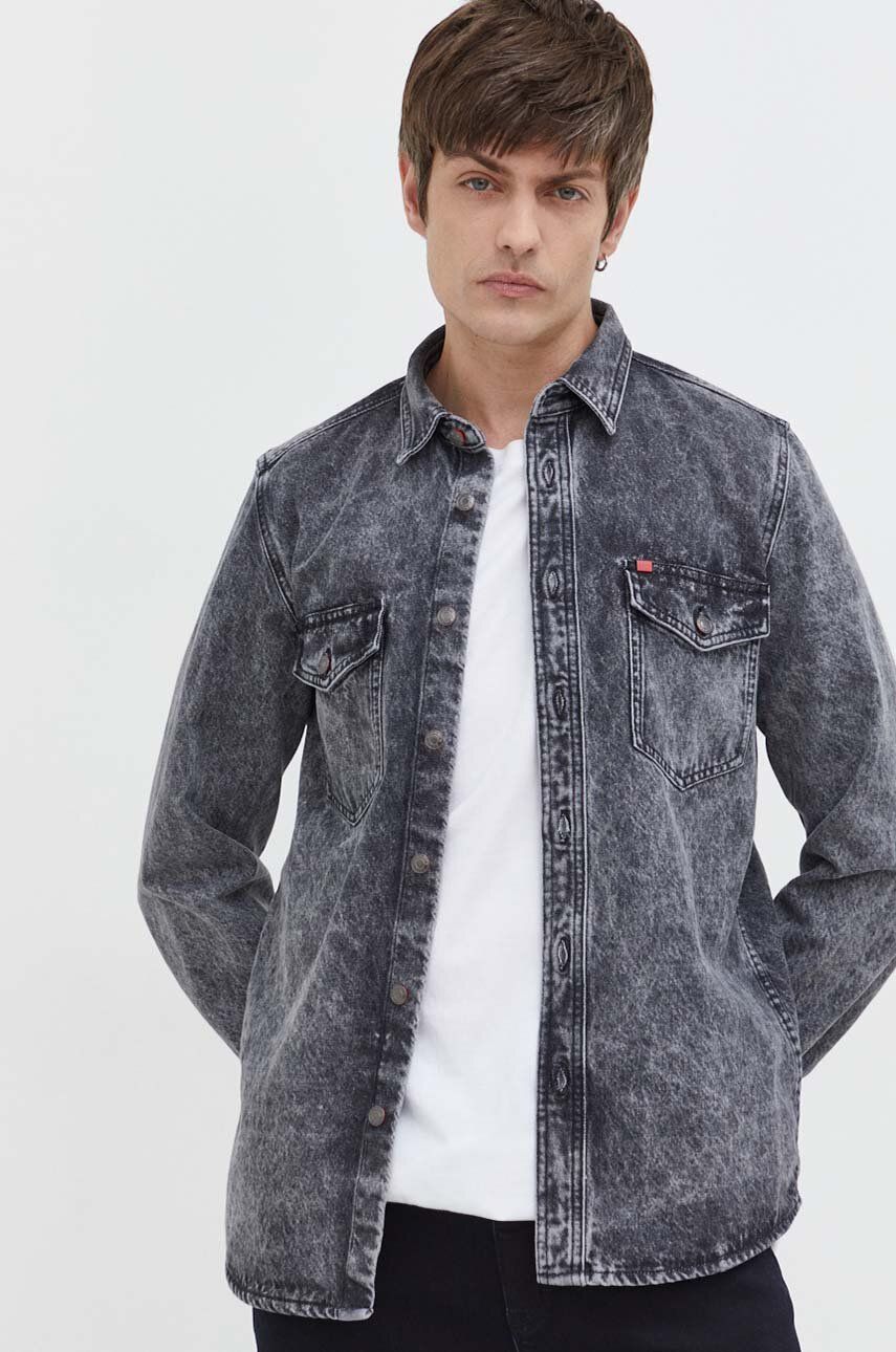 Levně Džínová košile HUGO pánská, šedá barva, regular, s klasickým límcem, 50508625