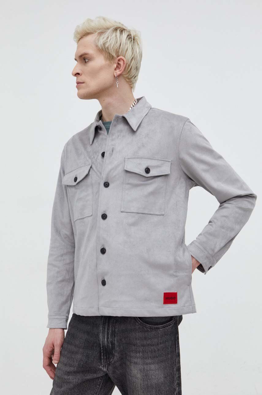 Levně Košile HUGO pánská, šedá barva, regular, s klasickým límcem, 50508657