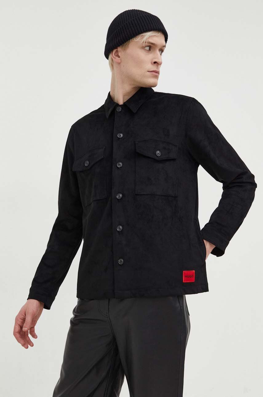 Levně Košile HUGO pánská, černá barva, regular, s klasickým límcem, 50508657
