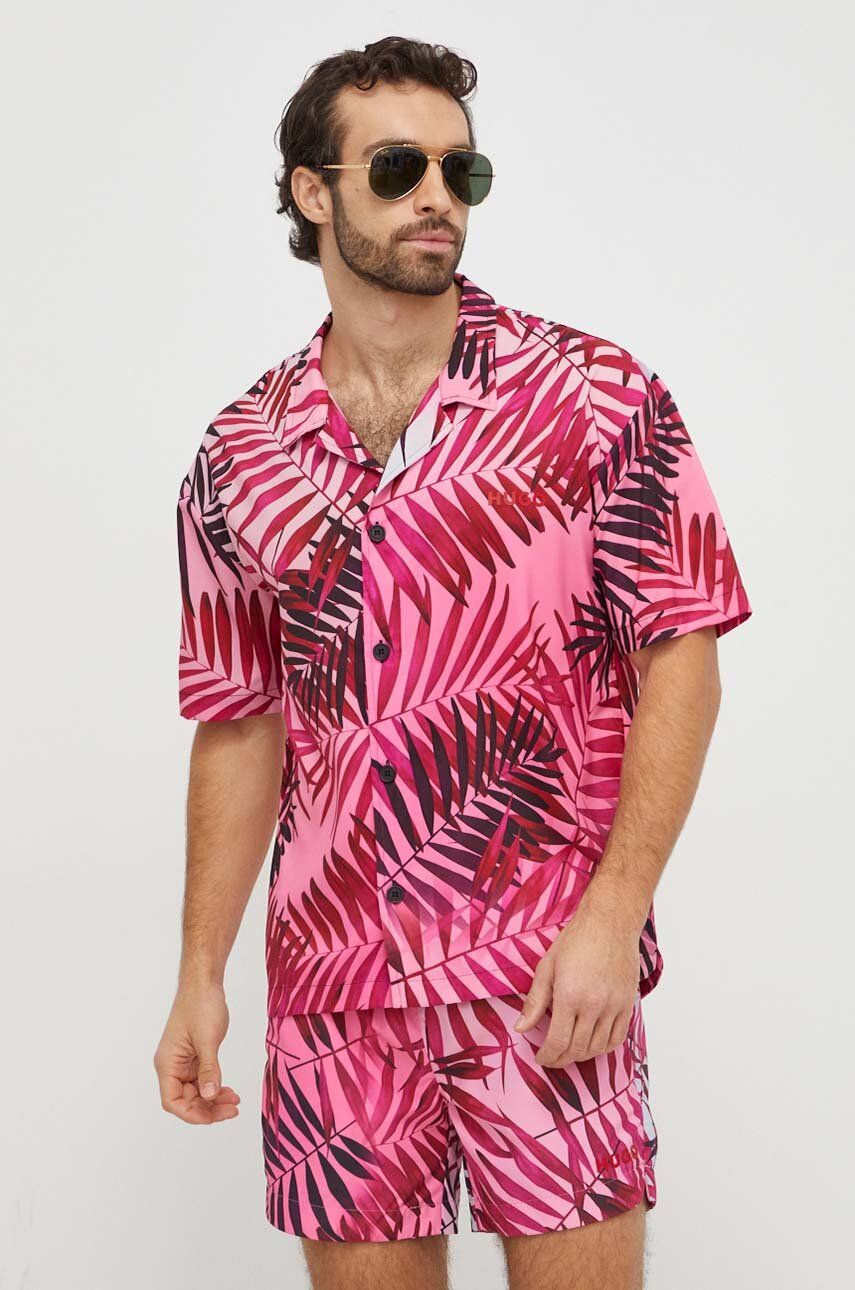 Levně Košile HUGO pánská, růžová barva, relaxed, s klasickým límcem