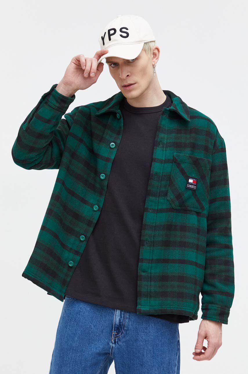 Tommy Jeans geacă cu aspect de cămașă culoarea verde, de tranzitie, oversize