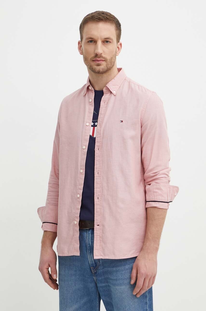 Levně Bavlněná košile Tommy Hilfiger růžová barva, slim, s límečkem button-down, MW0MW33782