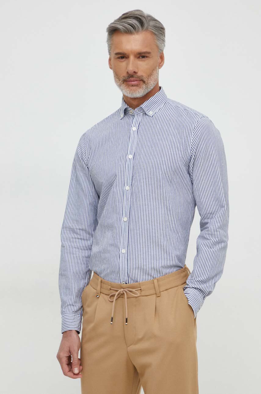 Joop! camasa din amestec de in culoarea albastru marin, cu guler button-down, regular